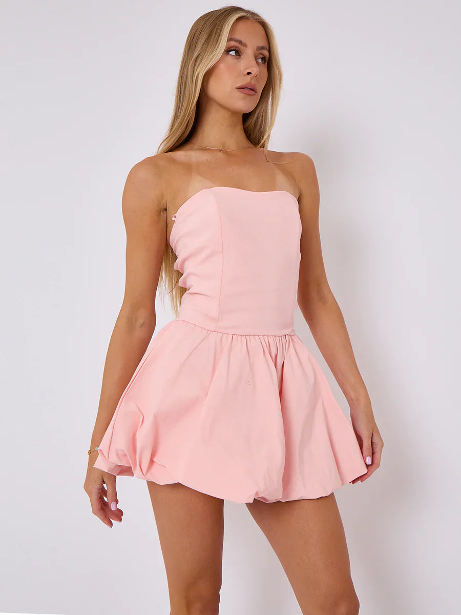 Pink Lace Back Ruched Bandeau Puffball Bodycon Dress