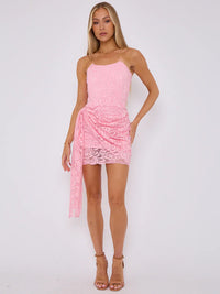 Pink Lace Bandeau Mini Bodycon Dress With Drape Detail