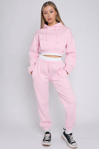 Pink Rib Trim Detail Cropped Hoodie & Joggers Loungewear Set