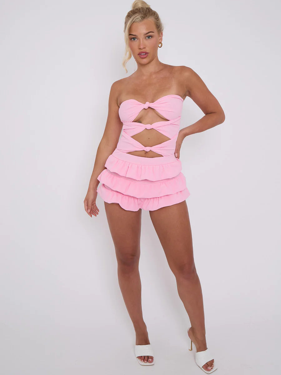 Pink Ruffle Skirt Skort & Cut Out Knot Front Bandeau Bodysuit Co-ord