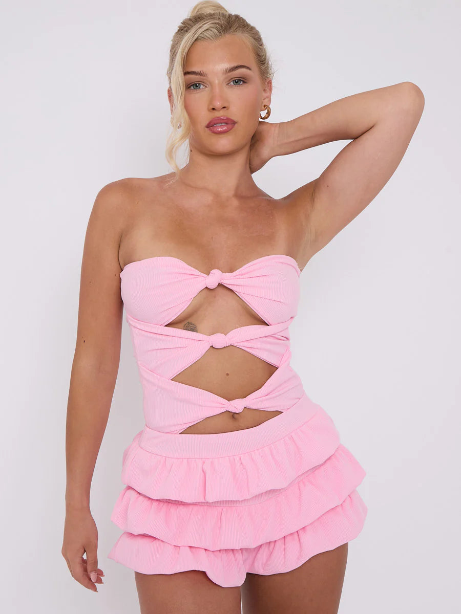 Pink Ruffle Skirt Skort & Cut Out Knot Front Bandeau Bodysuit Co-ord