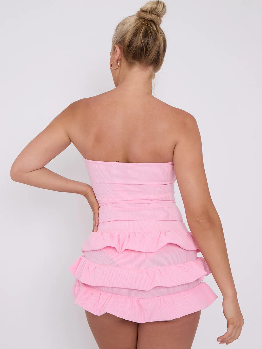 Pink Ruffle Skirt Skort & Cut Out Knot Front Bandeau Bodysuit Co-ord