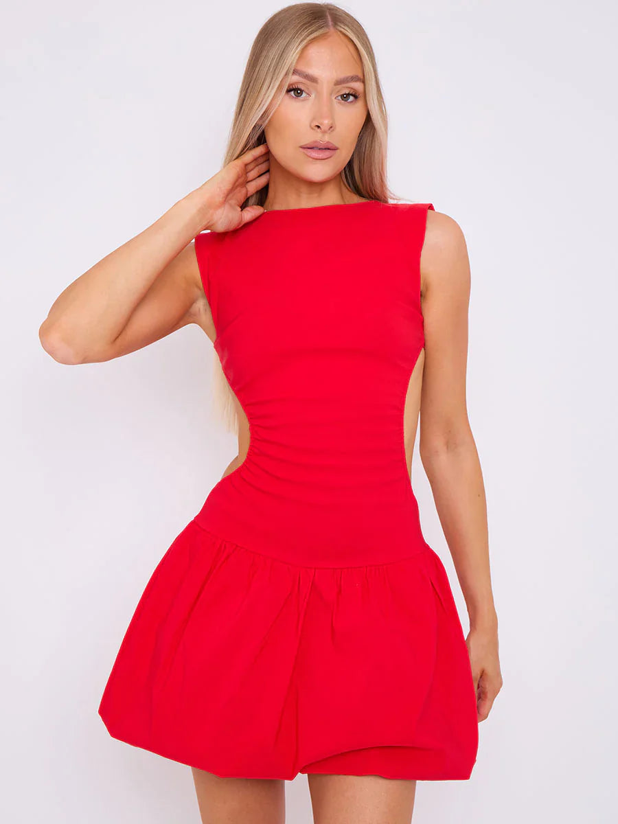 Red Cut Out Detail Puffball Balloon Dress