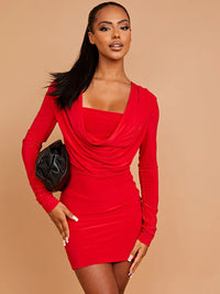 Red Draped Cowl Neck Slinky Long Sleeves Bodycon Mini Dress