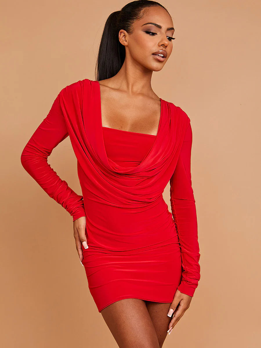 Red Draped Cowl Neck Slinky Long Sleeves Bodycon Mini Dress