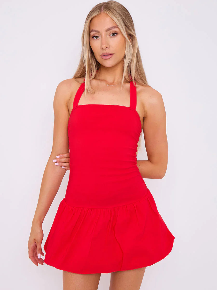 Red Halter Puffed Hem Mini Balloon Dress