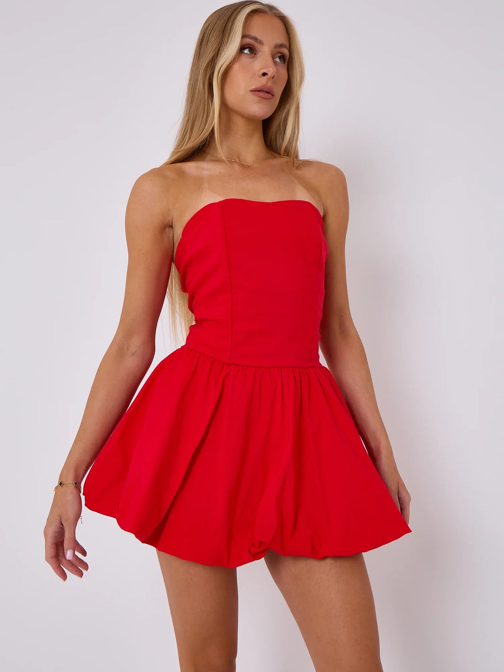 Red Lace Back Ruched Bandeau Puffball Bodycon Dress