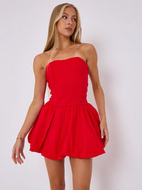 Red Lace Back Ruched Bandeau Puffball Bodycon Dress