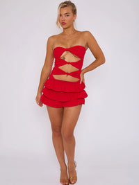 Red Ruffle Skirt Skort & Cut Out Knot Front Bandeau Bodysuit Co-ord