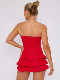 Red Ruffle Skirt Skort & Cut Out Knot Front Bandeau Bodysuit Co-ord