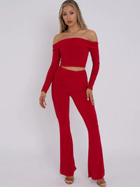 Red Slinky Off Shoulder Crop Top & Fold Over Flares Trousers Co-ord Set