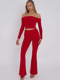 Red Slinky Off Shoulder Crop Top & Fold Over Flares Trousers Co-ord Set