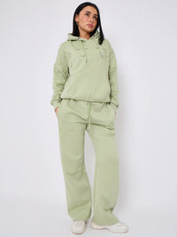 Sage Green Front & Back Cross Embroidered Hooded Fleece Loungewear Co-ord Set