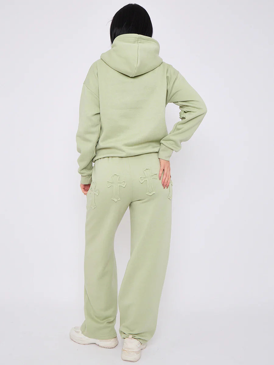 Sage Green Front & Back Cross Embroidered Hooded Fleece Loungewear Co-ord Set