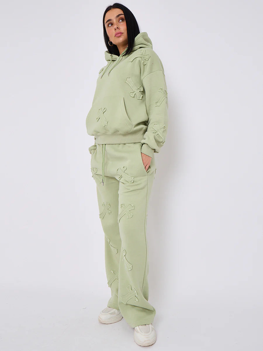 Sage Green Front & Back Cross Embroidered Hooded Fleece Loungewear Co-ord Set