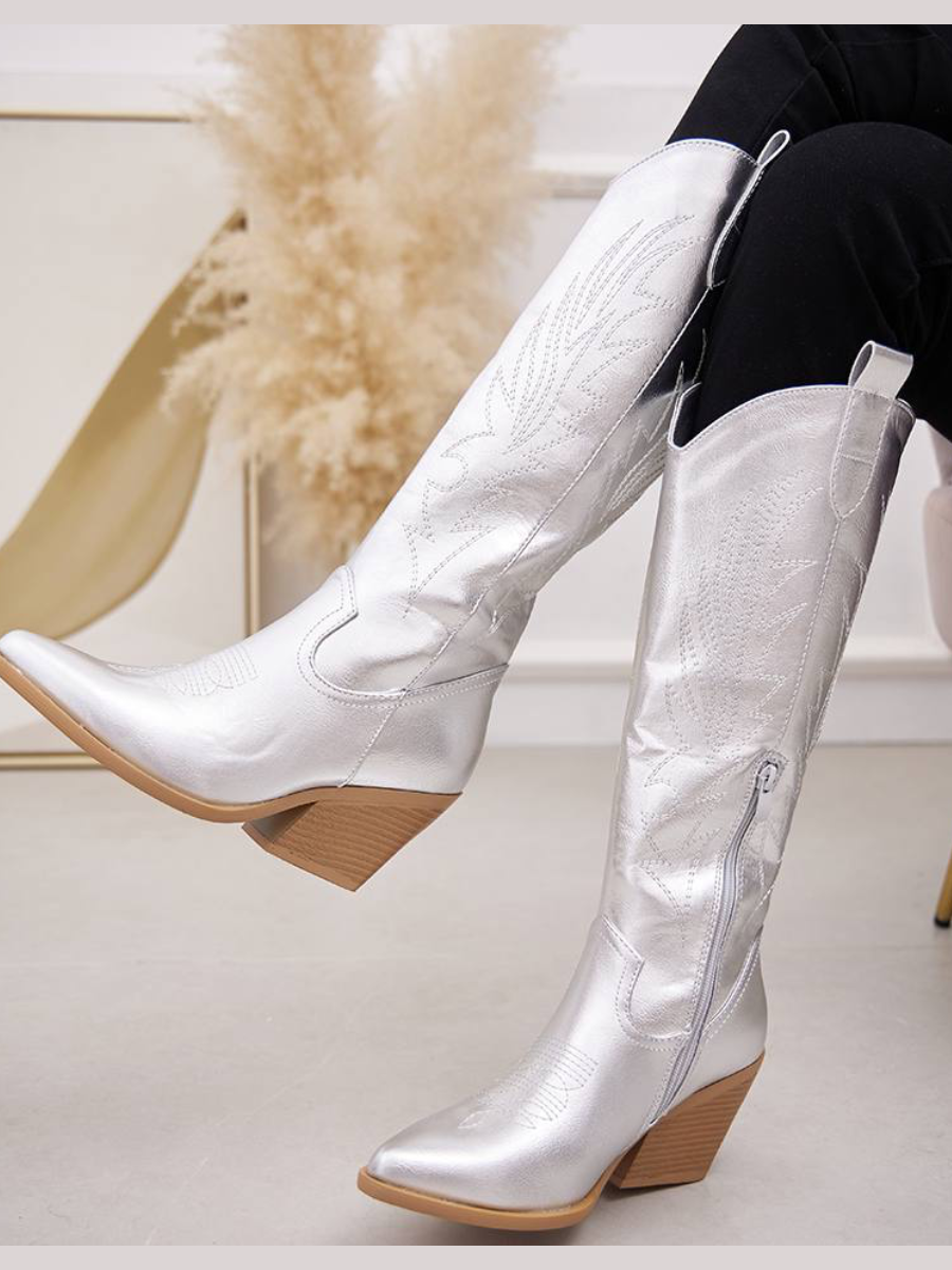 Silver Metallic Knee High Western Style Cowboy Boots