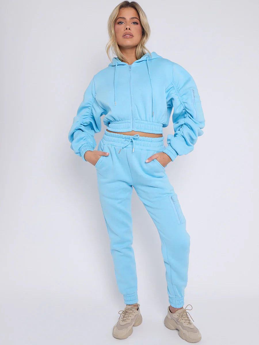 Sky Blue Cropped Ruched Sleeve Hoodie & Jogger Co-ord Loungewear Set