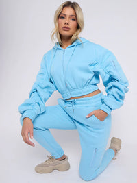 Sky Blue Cropped Ruched Sleeve Hoodie & Jogger Co-ord Loungewear Set