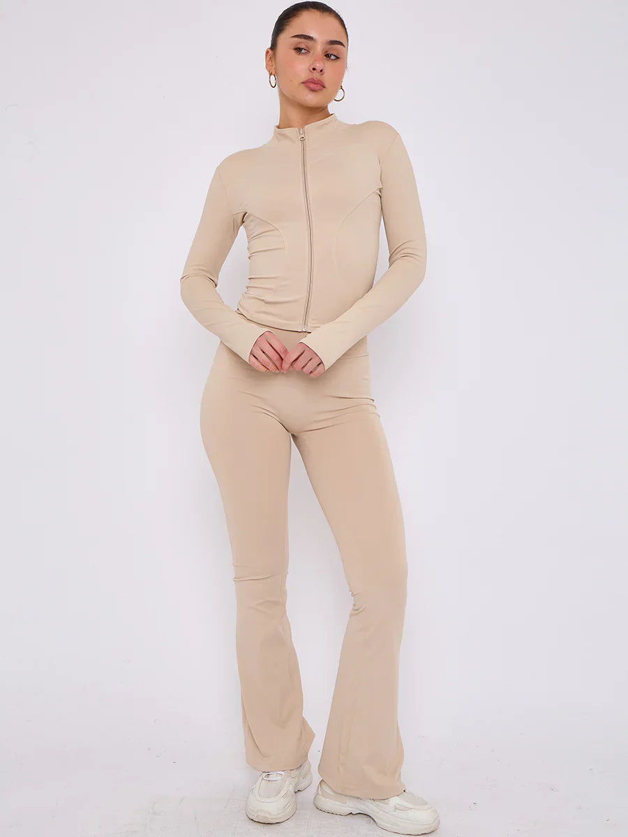 Stone Buttery Soft Ruched Contour Flare Trousers and Sports Jacket Co-Ord