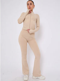 Stone Buttery Soft Ruched Contour Flare Trousers and Sports Jacket Co-Ord