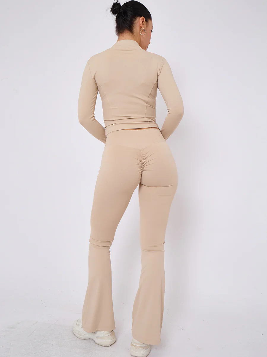 Stone Buttery Soft Ruched Contour Flare Trousers and Sports Jacket Co-Ord