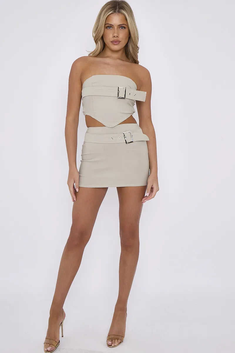 Stone Cargo Buckle Detail Bandeau Crop Top & Mini Skirt Co-ord