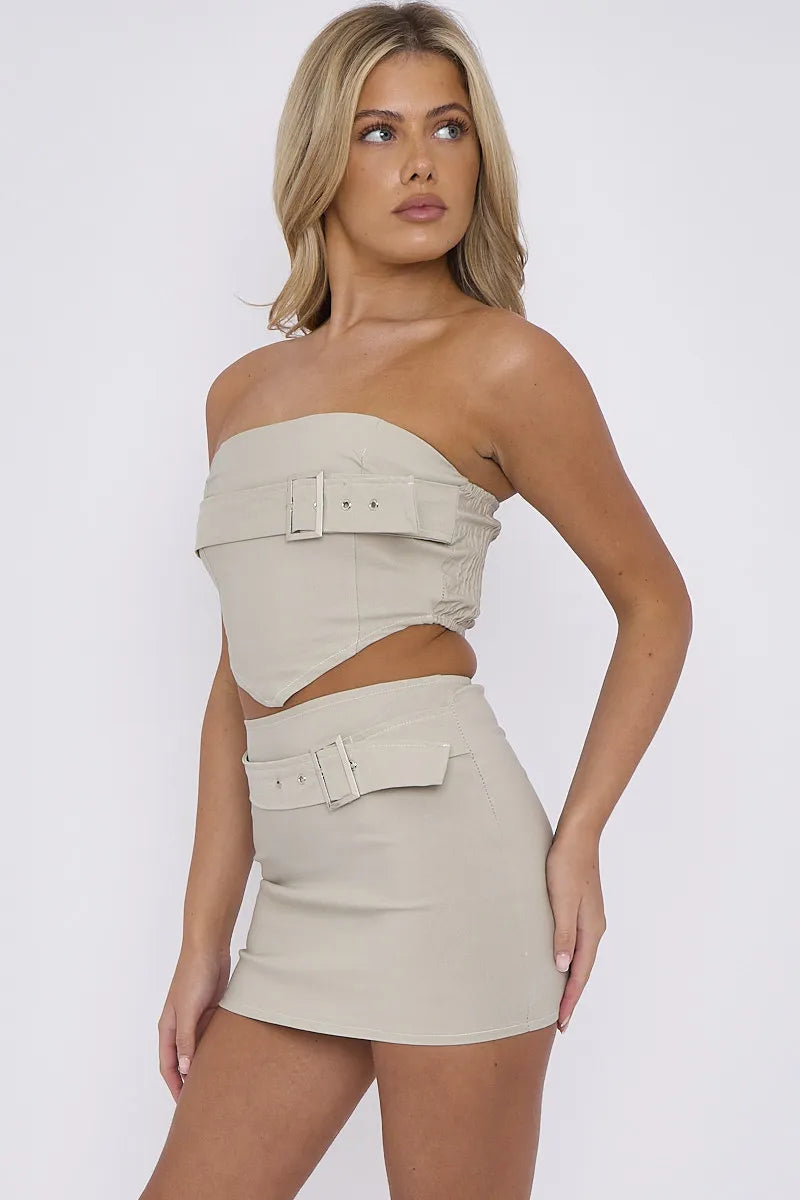 Stone Cargo Buckle Detail Bandeau Crop Top & Mini Skirt Co-ord