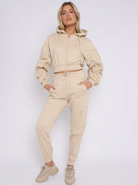 Stone Cropped Ruched Sleeve Hoodie & Jogger Co-ord Loungewear Set