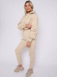 Stone Cropped Ruched Sleeve Hoodie & Jogger Co-ord Loungewear Set