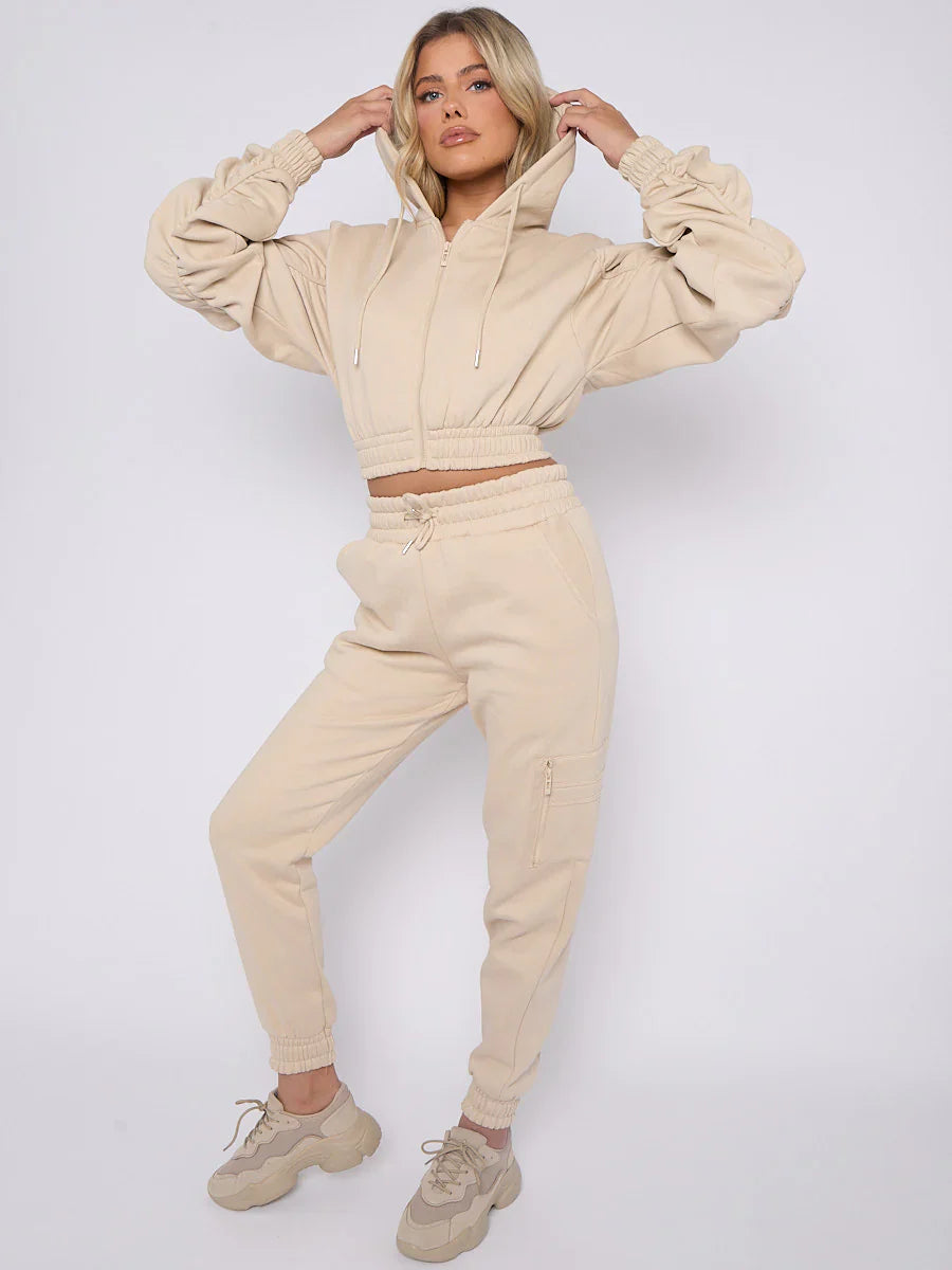 Stone Cropped Ruched Sleeve Hoodie & Jogger Co-ord Loungewear Set