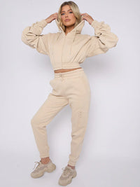 Stone Cropped Ruched Sleeve Hoodie & Jogger Co-ord Loungewear Set