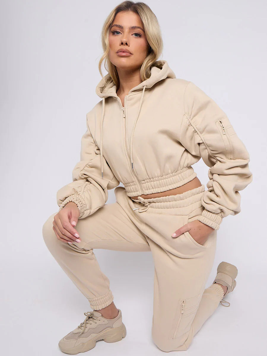 Stone Cropped Ruched Sleeve Hoodie & Jogger Co-ord Loungewear Set