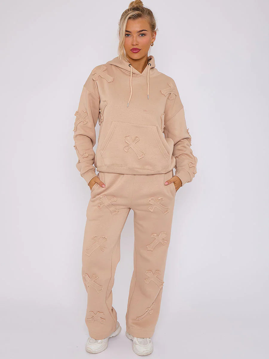 Stone Oversized Crucifix Embroidered Hooded Fleece Co-ord Loungewear Set