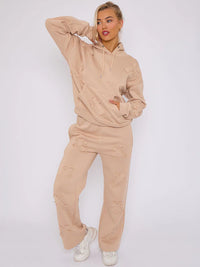 Stone Oversized Crucifix Embroidered Hooded Fleece Co-ord Loungewear Set