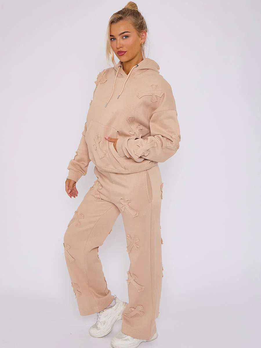 Stone Oversized Crucifix Embroidered Hooded Fleece Co-ord Loungewear Set