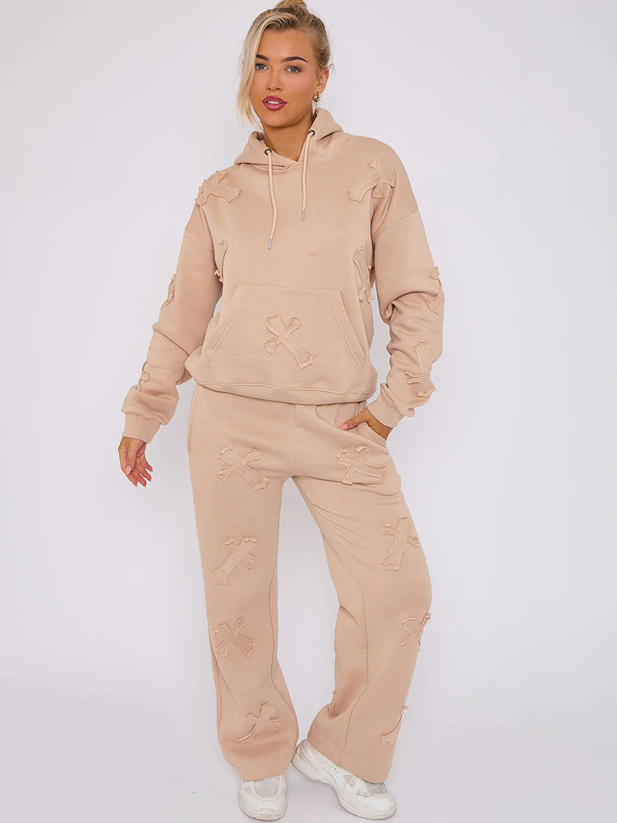 Stone Oversized Crucifix Embroidered Hooded Fleece Co-ord Loungewear Set