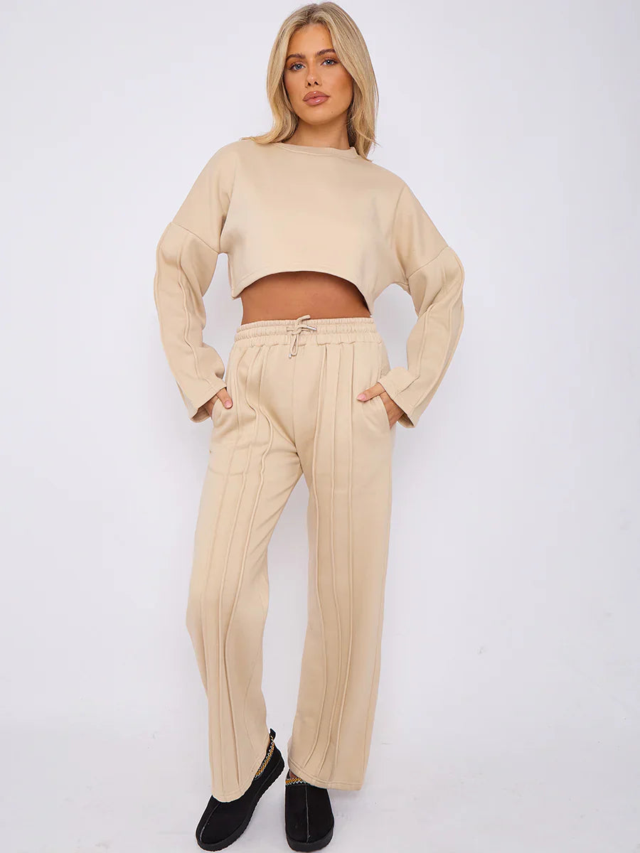 Stone Seam Detail Oversized Crop Top & Joggers Fleece Co-ord