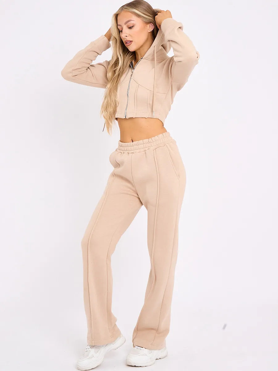 Stone Zip Up Cropped Hoodie & Wide Leg Joggers Loungewear Set