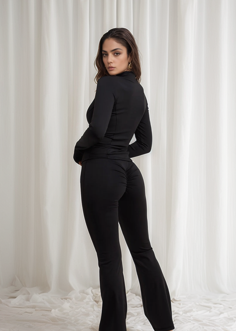 Black Buttery Soft Ruched Contour Flare Trousers and Sports Jacket Co-Ord