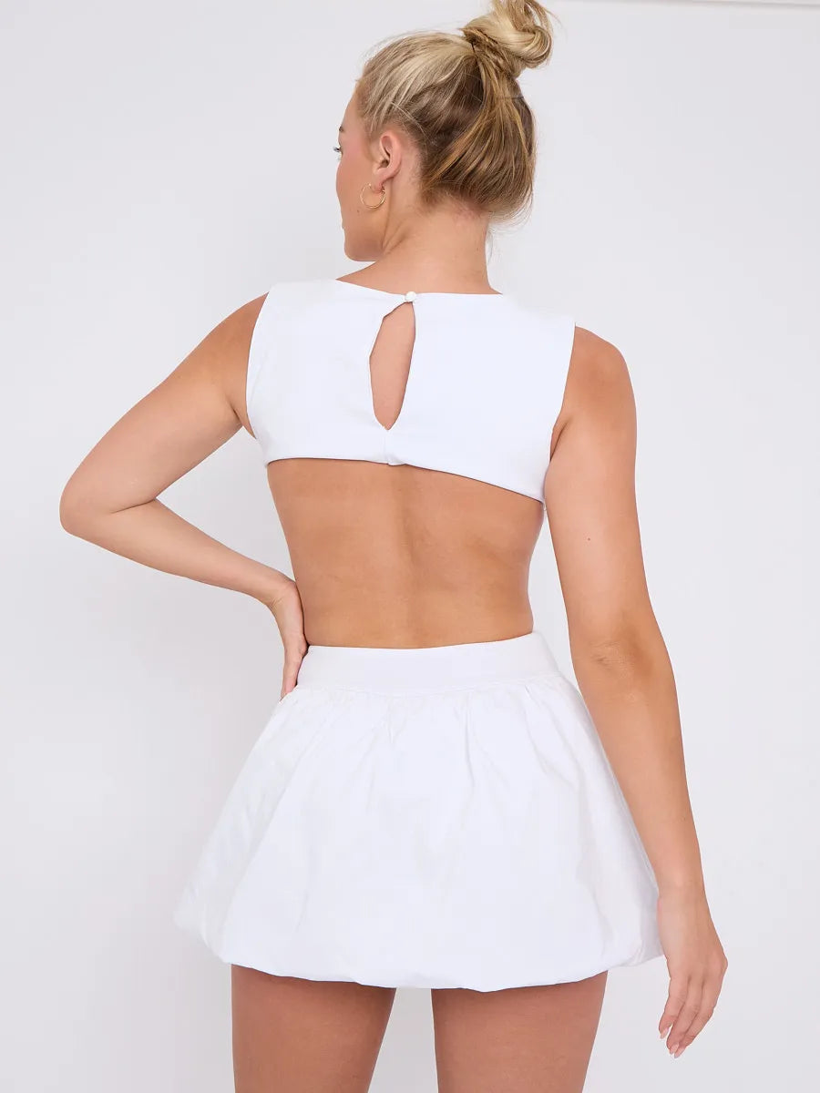 White Cut Out Detail Puffball Balloon Dress