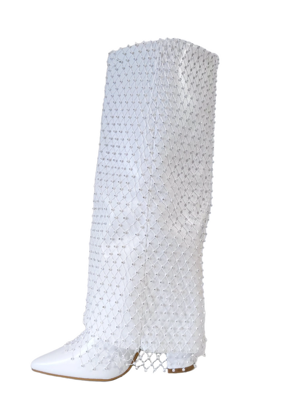 White Diamante Mesh Overlay Fold Over Cowboy Boots