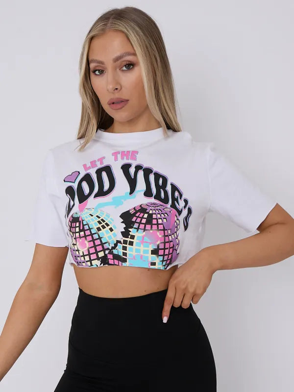 White Disco Ball Graphic Printed Crop Top