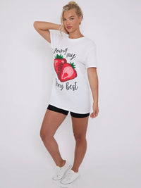 White Doing My Berry Best Graphic Printed T-Shirt