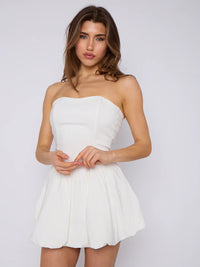 White Lace Back Ruched Bandeau Puffball Bodycon Dress