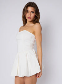 White Lace Back Ruched Bandeau Puffball Bodycon Dress