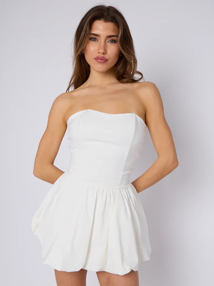 White Lace Back Ruched Bandeau Puffball Bodycon Dress