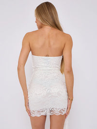 White Lace Bandeau Mini Bodycon Dress With Drape Detail