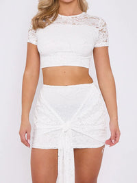White Lace Crop Top & Mini Skirt Co-ord With Tie Knot Drape Detail