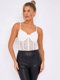 White Lace Detail Corset Style Mesh Bodysuit