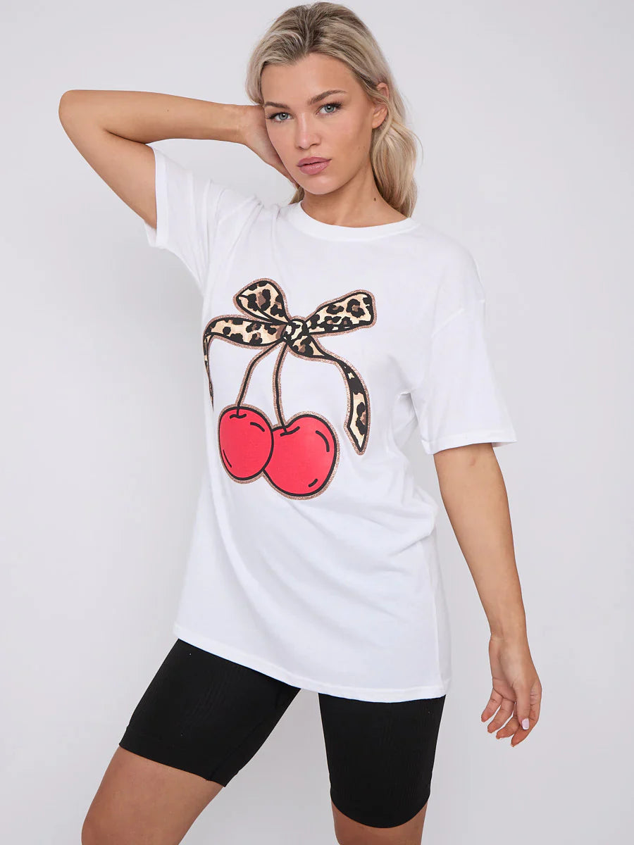 White Leopard Print Bow Cherry Graphic Printed T-Shirt